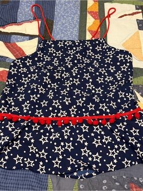 Star Print Tank with Red Pom Trim